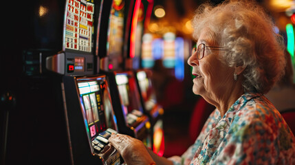 old lady play casino slots - obrazy, fototapety, plakaty
