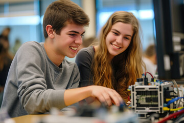 students guy and girl at a robotics lesson