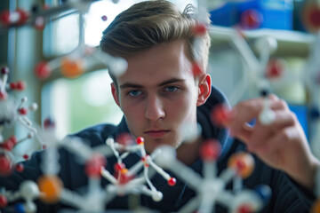 Student with molecular model in class