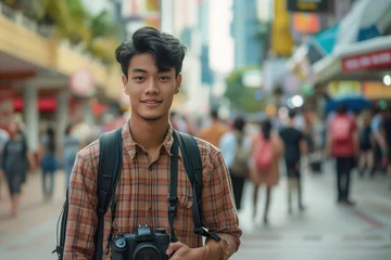 Fototapeten Asian blogger, guy with camera on the street © ReisMedia