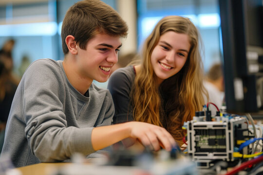 students guy and girl at a robotics lesson