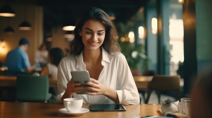 Working life style, pretty and confident woman working in in co-working space or coffee shop. AI generated, copy space for text