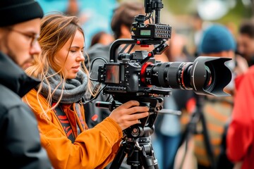 A professional female filmmaker operating a camera with a male assistant on a bustling film set.