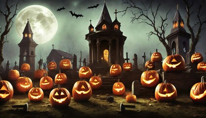 halloween background with pumpkin castle and full moon 