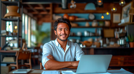 Fototapeta premium 30s latino man, business entrepreneur, sit on his desk working on his laptop, casual clothes, positive attitude. 