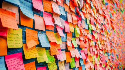 A wall covered with colorful sticky notes for reminders, brainstorming, and organization in a corporate or creative setting.