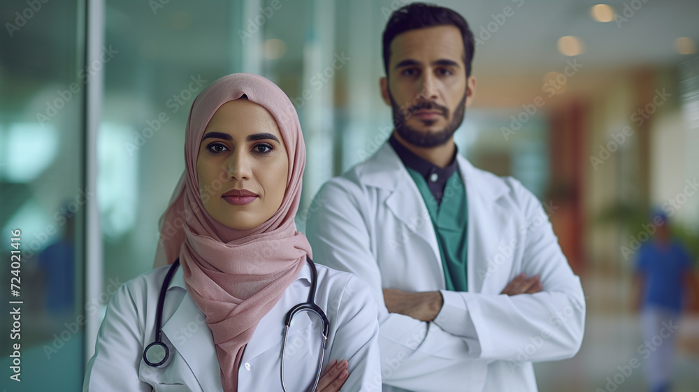 Wall mural portrait of muslim doctor or nurse in hospital or health clinic