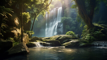 Majestic waterfall cascades down a rocky cliff. Generative ai.
