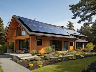 Solar panels are installed on the gable roof, driveway, and landscaped yard of this contemporary passive-solar home.