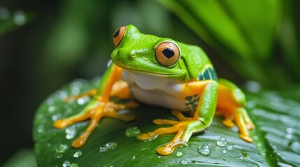 Obraz premium Green Tree Frog on a Wet Leaf