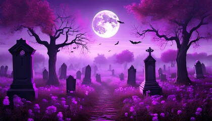 halloween night scene with purple fantasy fog 