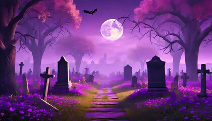 halloween night scene with purple fantasy fog 