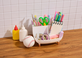 Colorful compositions of stationery. School supplies and education.