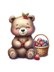 Cute teddy bear with a basket of wild berries. Forest cartoon animals. Watercolor illustration isolated on transparent background
