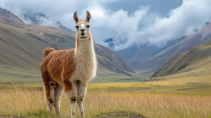 Zelfklevend Fotobehang Llama Standing in Mountainous Terrain © Saltanat