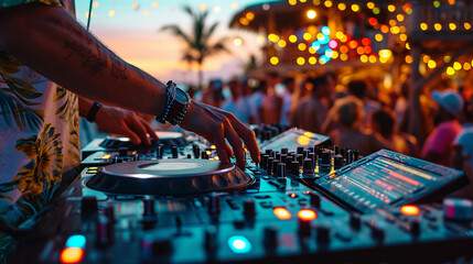 Dj performing live at tropical beach party at lovely evening, close up portrait of hands mastering the dj mixer turntable