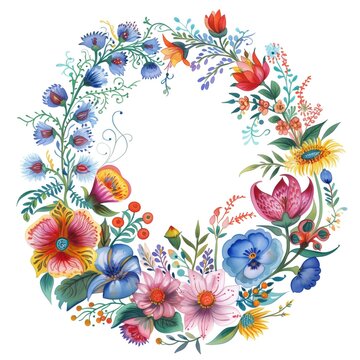 Decorative folk art flowers - floral wreath in slavic motifs. Watercolo