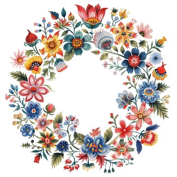 Decorative folk art flowers - floral wreath in slavic motifs. Watercolo