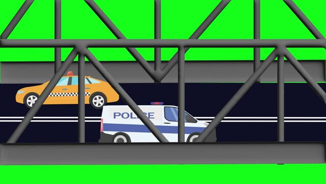 Cartoon flat animation of cars running on the bridge green screen chroma key