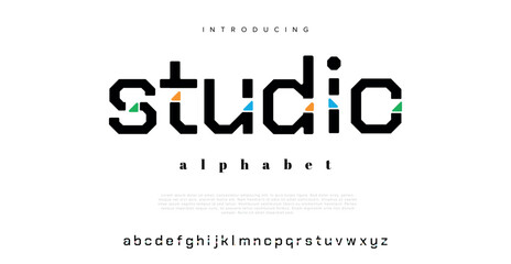 Studio Modern minimal abstract alphabet fonts. Typography technology, electronic, movie, digital, music, future, logo creative font. vector illustration