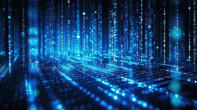 Digital binary code matrix background - 3D rendering of a scientific technology data binary code network conveying connectivity, complexity and data flood of modern digital age
