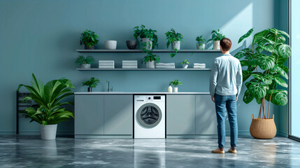 laundry room interior with a man standing in front of a dishwasher.  - obrazy, fototapety, plakaty