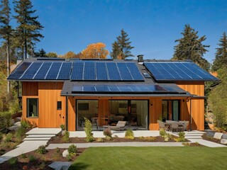 Solar panels are installed on the gable roof, driveway, and landscaped yard of this contemporary passive-solar home.