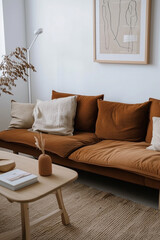 A charming interior featuring a comfortable brown sofa, accentuated by earthy cushions and minimalist line art, for a refined yet inviting look