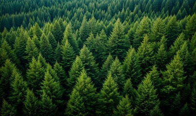 Dense Evergreen Forest from Aerial View, Lush Greenery, Natural Pattern - obrazy, fototapety, plakaty