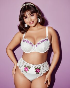 A plus-size model with dark hair and a crown smiles in a white bra and underwear set with purple floral embroidery. She wears white lace high-waisted underwear and white earrings.