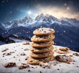 Chocolate chip cookies on snow against snowy mountains. Christmas concept.