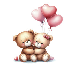 Lovers Cute teddy bears in a hug with heart-shaped balloons. Valentine's Day. Watercolor illustration isolated on transparent background