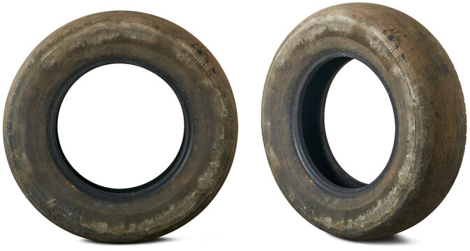 set of old worn out tires, dirty and used tires in different angles and isolated on white background, safe driving and vehicle maintenance concept