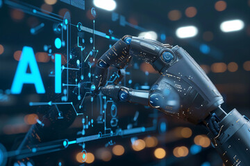 Obraz premium Close up of robot hand with glowing artificial intelligence interface, Generative Ai