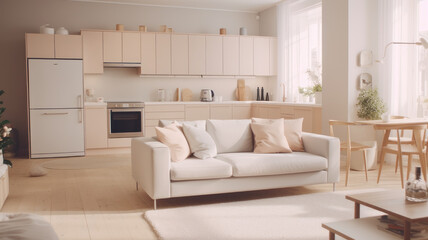 Fototapeta na wymiar interior design spacious bright studio apartment in Scandinavian style and warm pastel white and beige colors. trendy furniture in the living area and modern details in the kitchen area