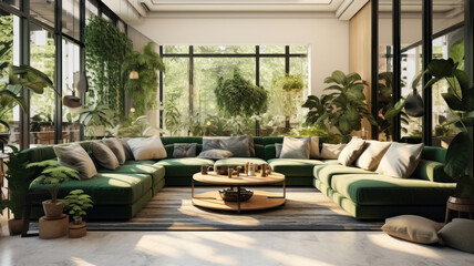 Interior of minimalist living room with green houseplants and sofas