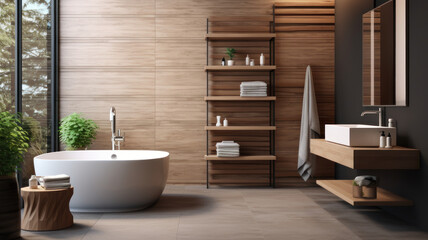 Fototapeta na wymiar Modern bathroom interior with wooden decor in eco style