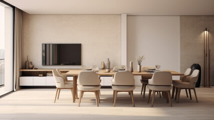Fototapeta premium Modern interior design of apartment, dining room with table and chairs, empty living room
