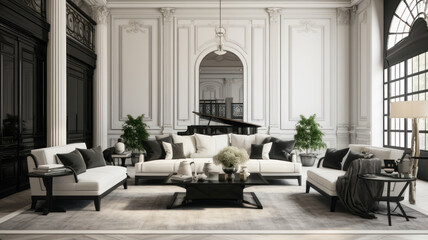 Fototapeta premium Spacious classic living room in black and white. Interior designed with style
