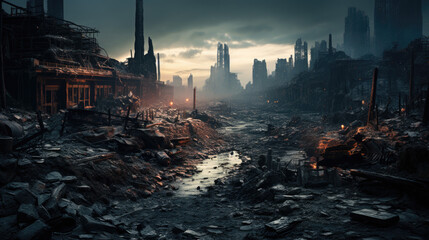 A destroyed gloomy city at night after an apocalypse