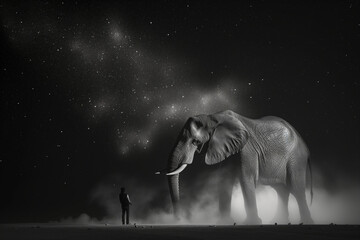 elephant an park ranger under the night sky