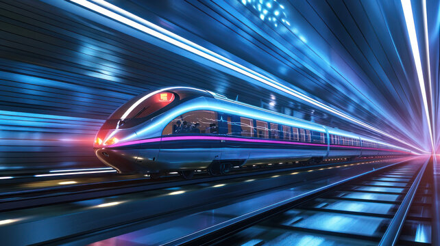 fast modern express passenger train high speed railway hyperloop moving flash light Futuristic technology hi tech future digital transport hyperloop concept