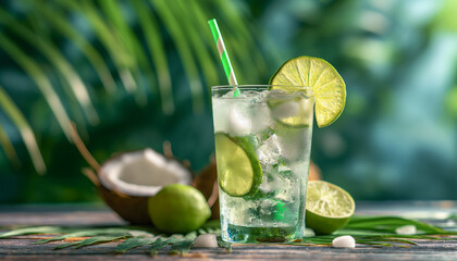 Refreshing Coconut Water with Lime on Wooden Table - Summer Hydration Concept
