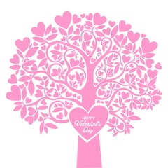 Happy Valentine's Day.  Festive tree with  heart shaped leaves. Promo greeting card with white background. Holiday brochure design, greeting card, love creative concept, gift voucher, invitation.