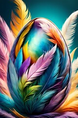 Fantasy Plume: Easter Egg Surrounded by Multicolored Feathers