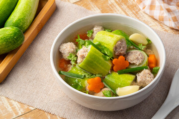 Stuffed Cucumber with minced pork soup (Gang Jued Tang Gwa Yad Sai) ,Clear soup combined with cucumber filled with marinated minced pork.