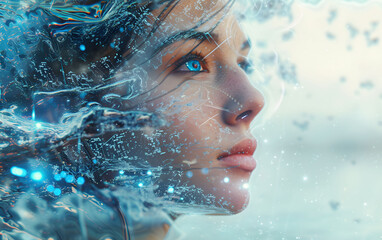 A cyber-girl of European appearance emerges from the symbolic sea of ​​neural networks