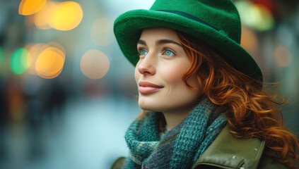 Daydreaming in Emerald Hues.
Woman in a green hat lost in thought amidst city lights.
