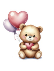 Cute teddy bear with heart shaped balloons. Valentine's Day. Watercolor illustration isolated on transparent background