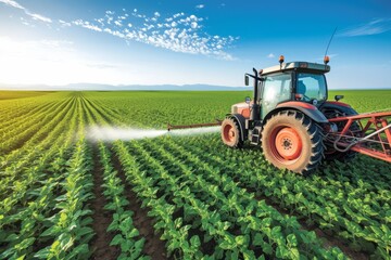 Tractor spraying pesticides on a large green field of crops